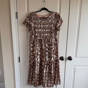 Rose Gold Sequin Short Sleeve Tiered Dress